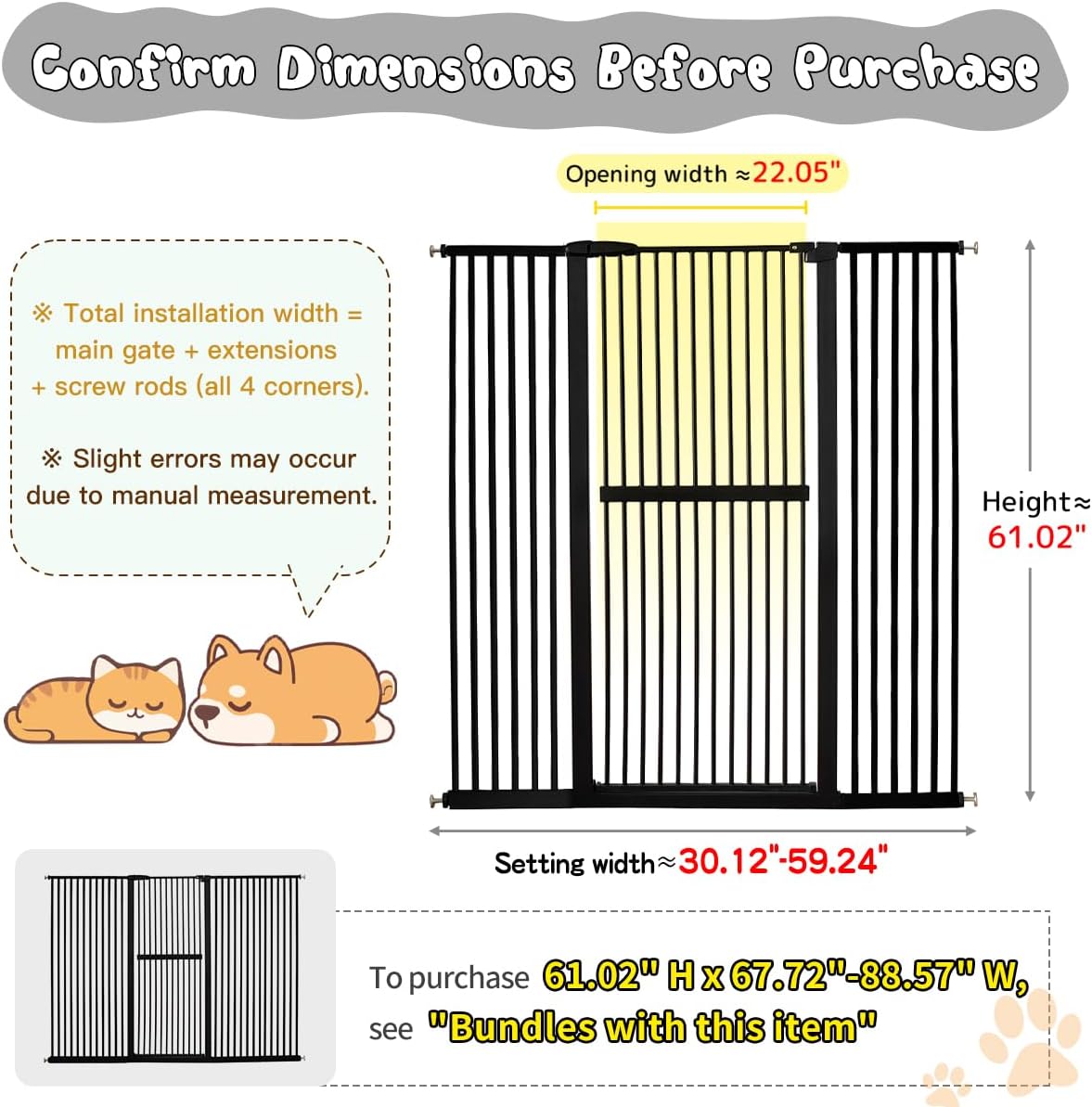 Lumizone 61.02" Extra Tall Pet Gate for Cat Dog 30.12"-59.24" Wide Black | Extra Tall Cat Gate for Doorway Hallway Stairs Pressure Mounted 1.37" Gap No Drilling Auto-Close Dual-Lock | Product image 2