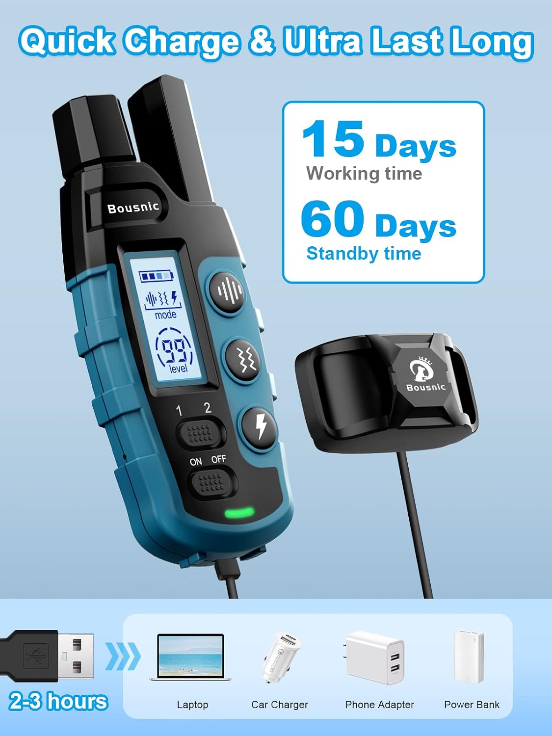 Bousnic Dog Shock Collar 2 Dogs (5-120Lbs) - 3300 ft Waterproof Training Collar for Dogs Large Medium Small with Rechargeable Remote, Beep (1-8) Vibration (1-16) and Humane Shock (1-99) Modes | Product image 7