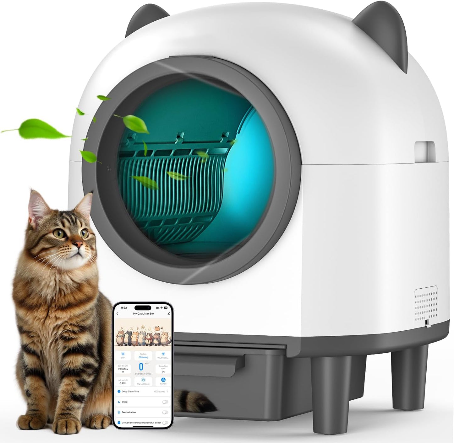 Self Cleaning Litter Box, Automatic Litter Box,Odor Control Robot, Cat Ears Design,APP Real-Time Monitor, Cat Litter-Boxs for Multiple Cats,Infrared Safety Sensor, with 1 Trash Bag