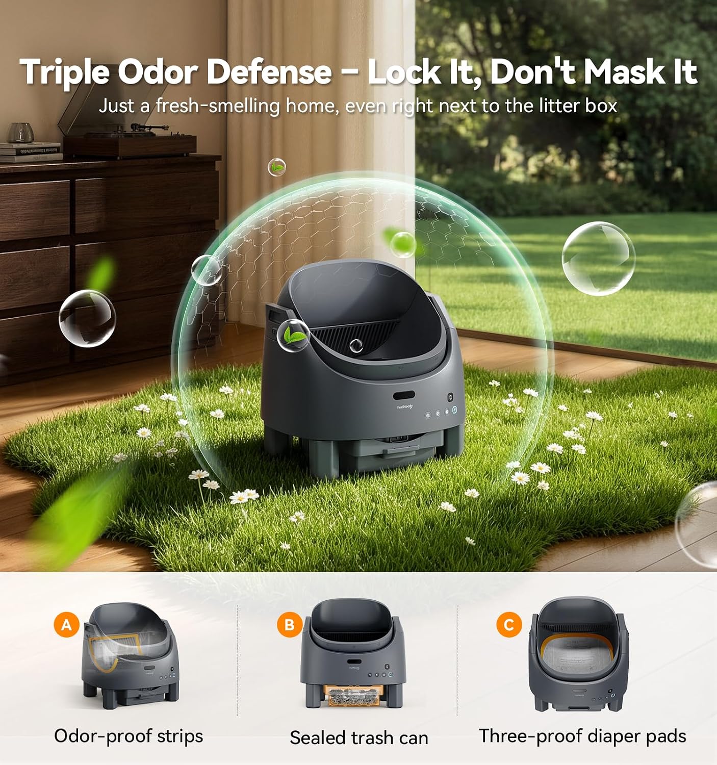 Automatic Litter Box Self Cleaning, FeelNeedy Open-Top Smart Cat Litter Box with App Control, Odor-Control Safety Sensor Design for 1-3 Cats, Includes Waste Bags | Product image 4
