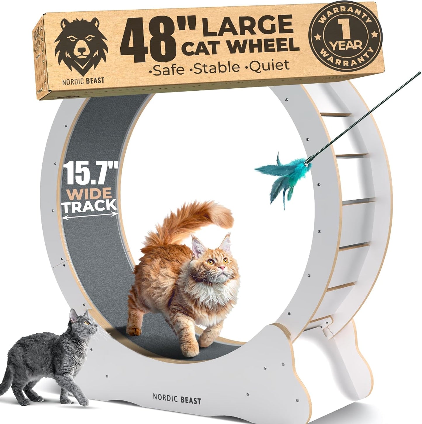 Walnut Wood 48'' XL Cat Wheel - Cat Wheels for Indoor Cats Which Doesn't Negatively Affect Your Cat's Spine - 15.7'' Extra Wide Walnut Exercise Wheel - Fits 2 Cats Side-by-Side, 1-Year Warranty