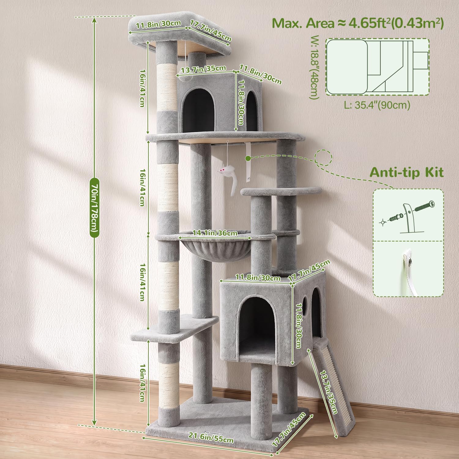 Globlazer Heavy Duty Cat Tree, 70 inch Sturdy Cat Tree for Indoor Cats Extra Large Cat Tower with Scratching Post, Hammock, Cat Condo for Adult Cats Kittens, F70 Pro, Light Grey | Product image 6