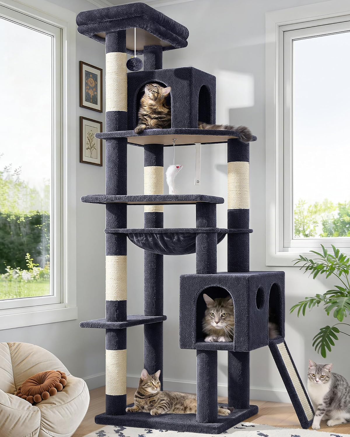 Globlazer Heavy Duty Cat Tree, 70 inch Sturdy Cat Tree for Indoor Cats Extra Large Cat Tower with Scratching Post, Hammock, Cat Condo for Adult Cats Kittens, F70 Pro, Light Grey | Product image 8