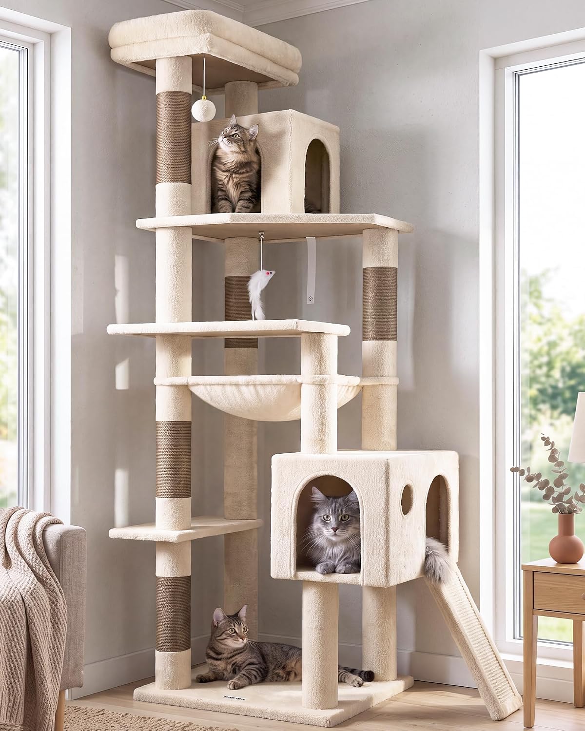 Heavy Duty Cat Tree, 70 inch Sturdy Cat Tree for Indoor Cats Extra Large Cat Tower with Scratching Post, Hammock, Cat Condo for Adult Cats Kittens, F70 Pro, Light Grey