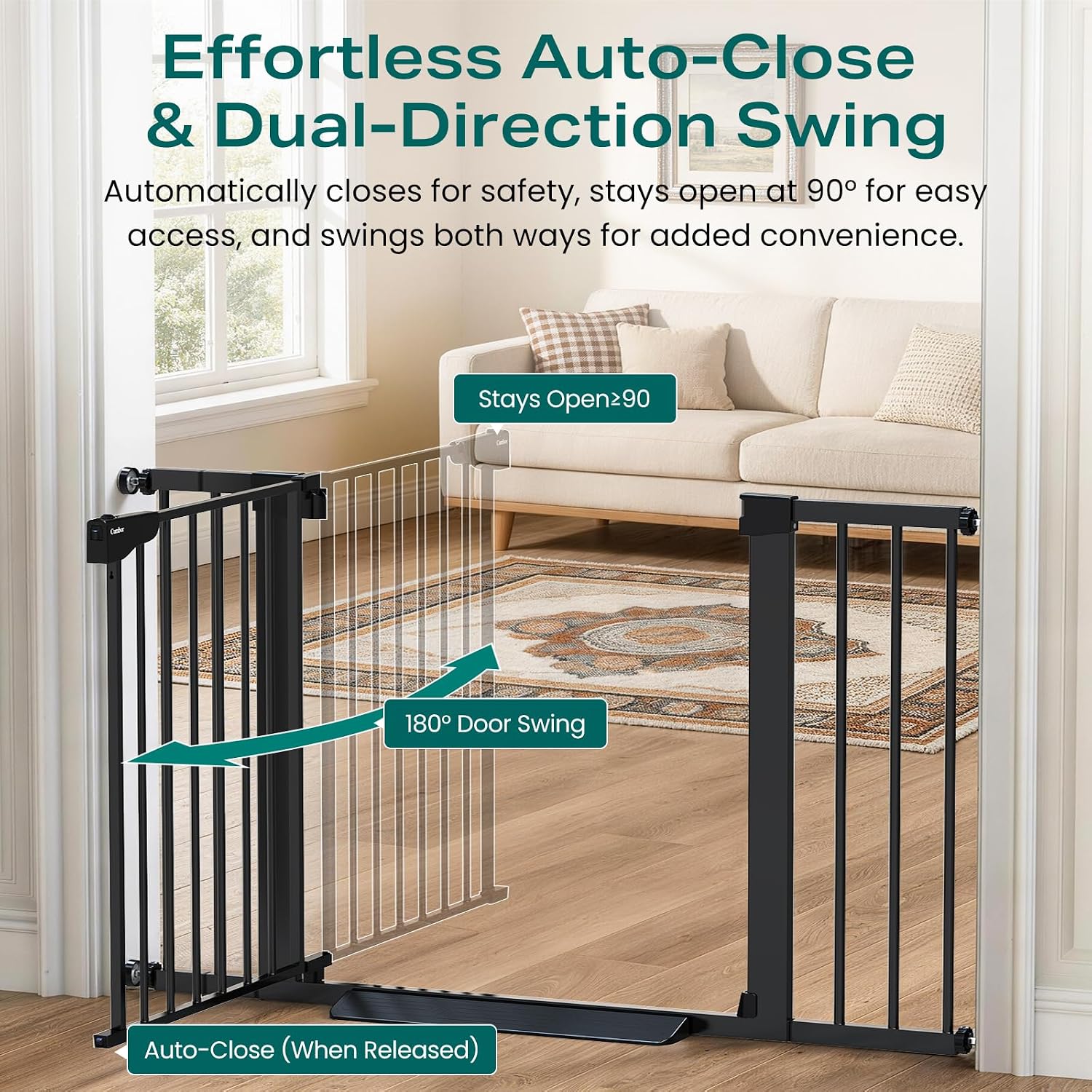 Cumbor 30-46" Baby Gate for Stairs, Auto Close Dog Gate for the House Black | Easy Install Pressure Mounted Pet Gates for Doorway, Dual Lock Indoor Safety Gate for Baby & Dog, Mom's Choice Awards Winner | Product image 3