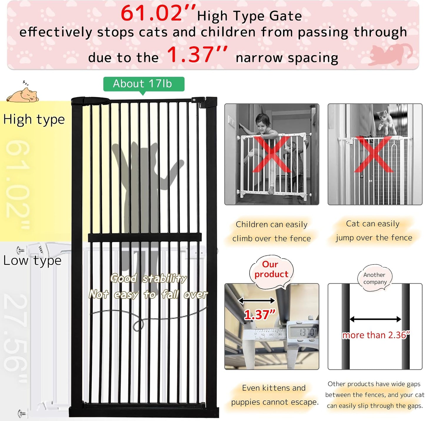 Lumizone 61.02" Extra Tall Pet Gate for Cat Dog 30.12"-59.24" Wide Black | Extra Tall Cat Gate for Doorway Hallway Stairs Pressure Mounted 1.37" Gap No Drilling Auto-Close Dual-Lock | Product image 4