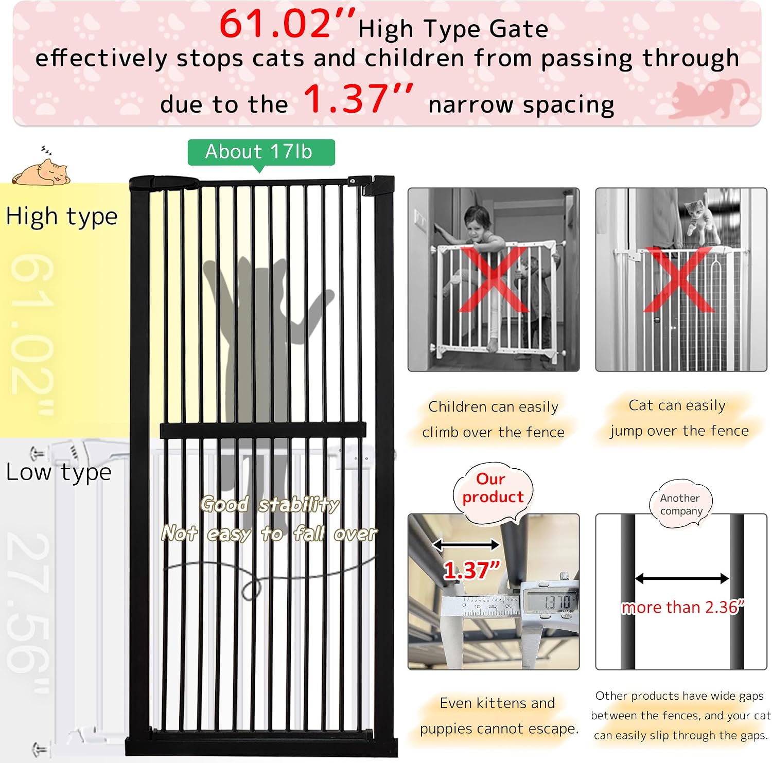 Lumizone 61.02" Extra Tall Pet Gate for Cat Dog 30.12"-59.24" Wide Black | Extra Tall Cat Gate for Doorway Hallway Stairs Pressure Mounted 1.37" Gap No Drilling Auto-Close Dual-Lock | Product image 4