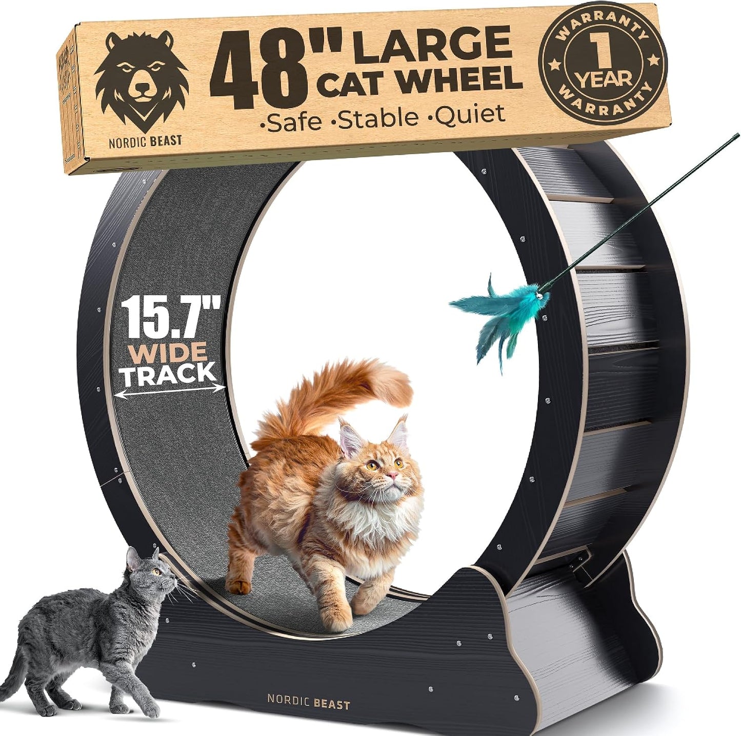 Walnut Wood 48'' XL Cat Wheel - Cat Wheels for Indoor Cats Which Doesn't Negatively Affect Your Cat's Spine - 15.7'' Extra Wide Walnut Exercise Wheel - Fits 2 Cats Side-by-Side, 1-Year Warranty