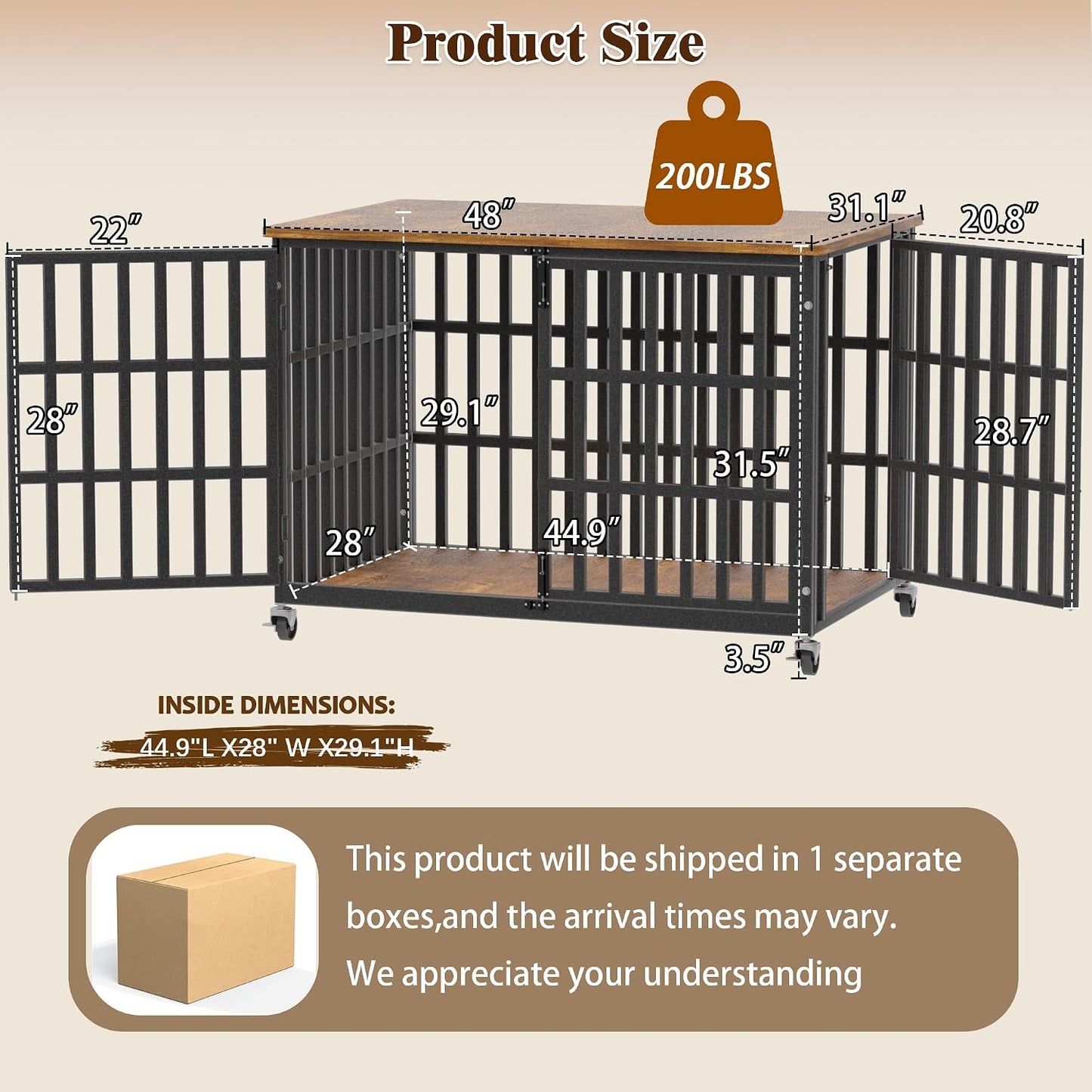 48 Inch Dog Crate Furniture, Heavy Duty Wooden Dog Kennel for Large Dogs, Chew Proof & Escape-Proof Indoor Dog Cage with TV Stand, for Anxious Dogs, Black Brown Cabinet | Product image 4