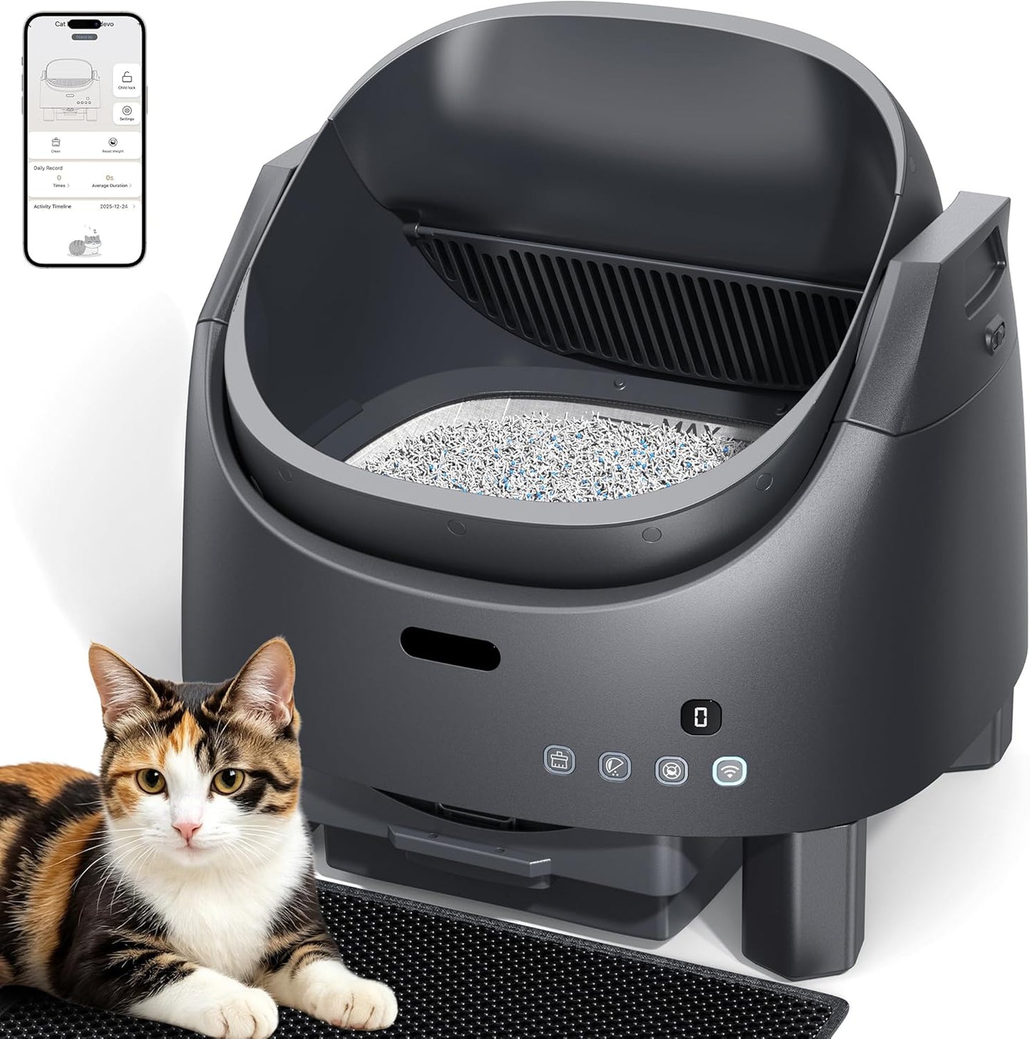 Automatic Litter Box Self Cleaning, Open-Top Smart Cat Litter Box with App Control, Odor-Control Safety Sensor Design for 1-3 Cats, Includes Waste Bags