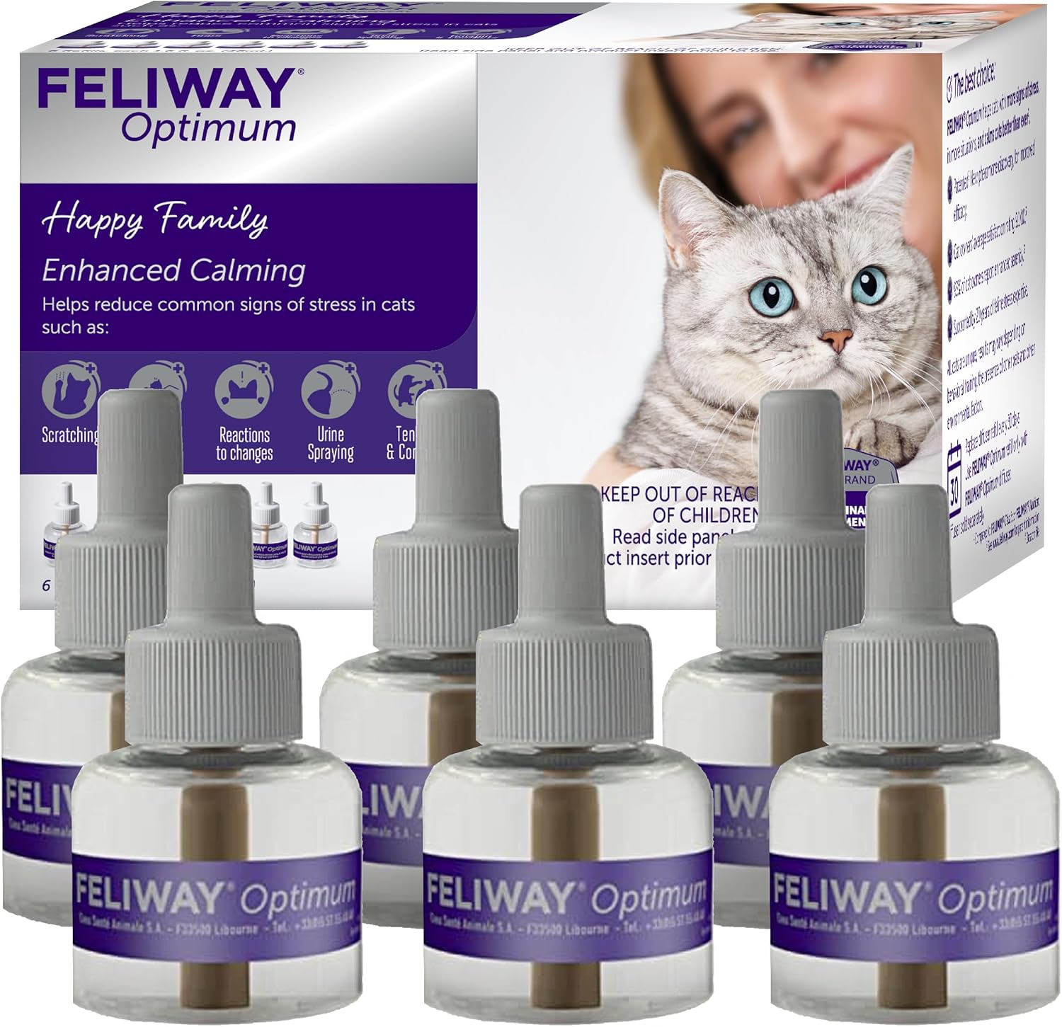 FELIWAY Optimum Cat Calming Pheromone Diffuser Refill - 6 Pack | Advanced Support to Help Reduce Urine Spraying, Scratching, Fighting & Hiding Due to Stress, 180 Day Supply | 6-Pack | Main product image