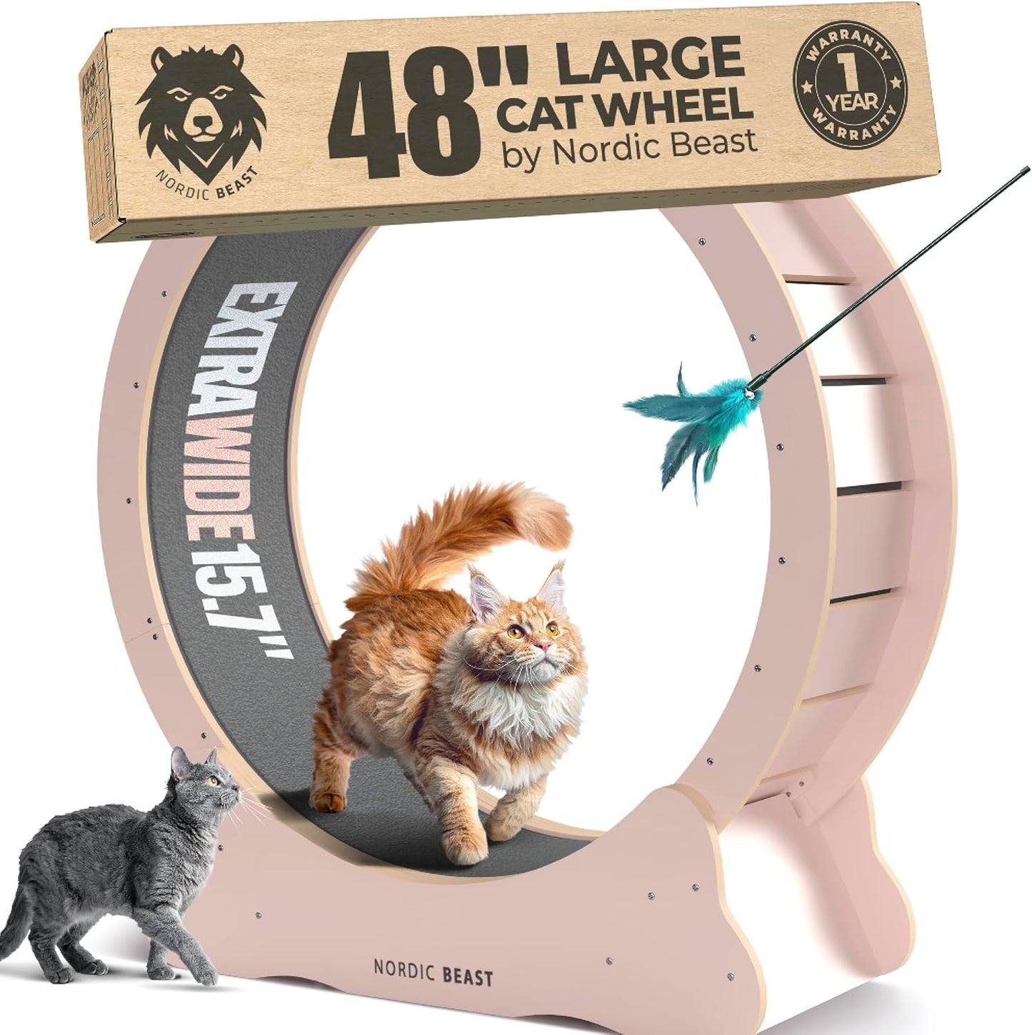 Walnut Wood 48'' XL Cat Wheel - Cat Wheels for Indoor Cats Which Doesn't Negatively Affect Your Cat's Spine - 15.7'' Extra Wide Walnut Exercise Wheel - Fits 2 Cats Side-by-Side, 1-Year Warranty