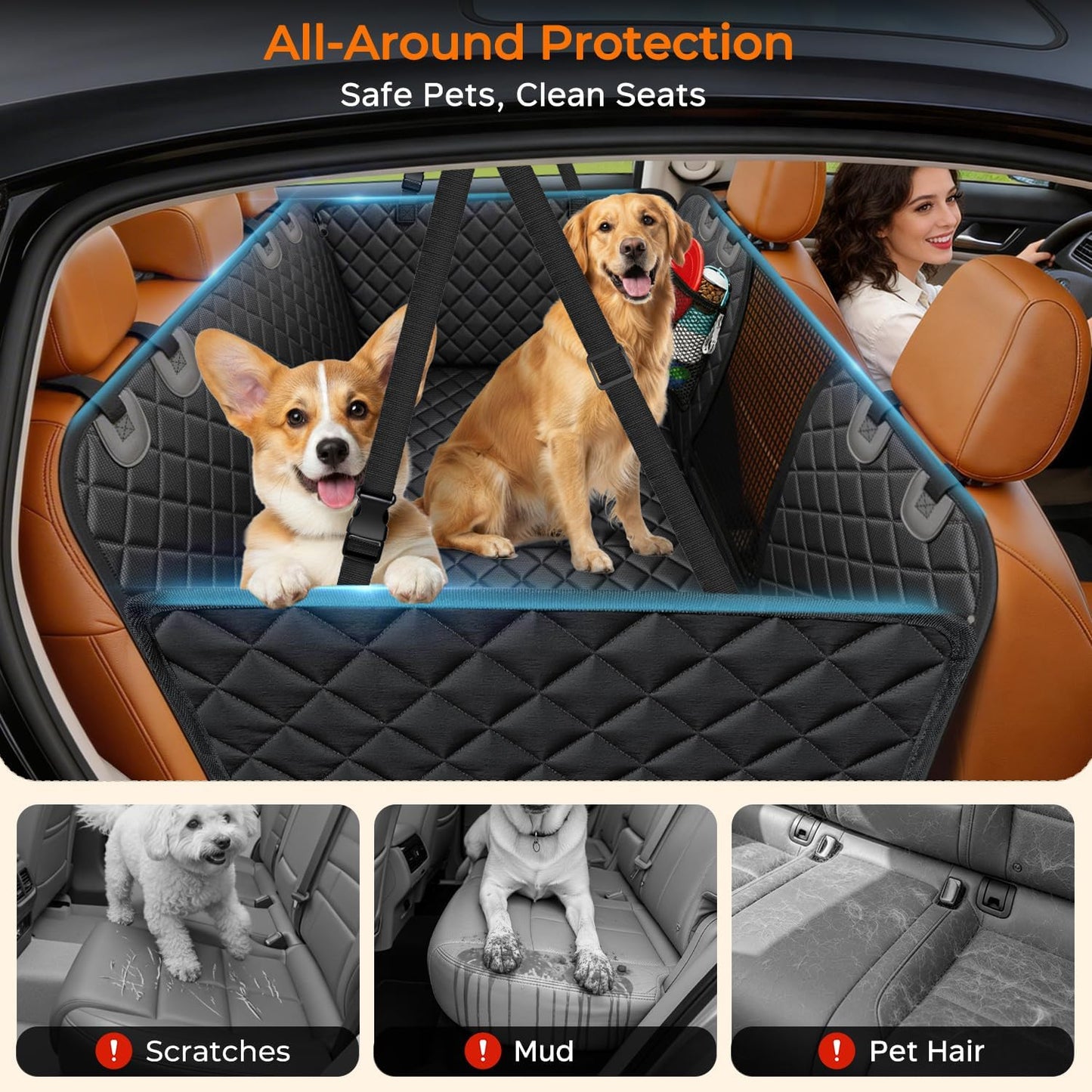 URPOWER Hard Bottom Dog Car Seat Cover for Back Seat | Matte Black / Standard - 54" Length | Side flap / zipper detail