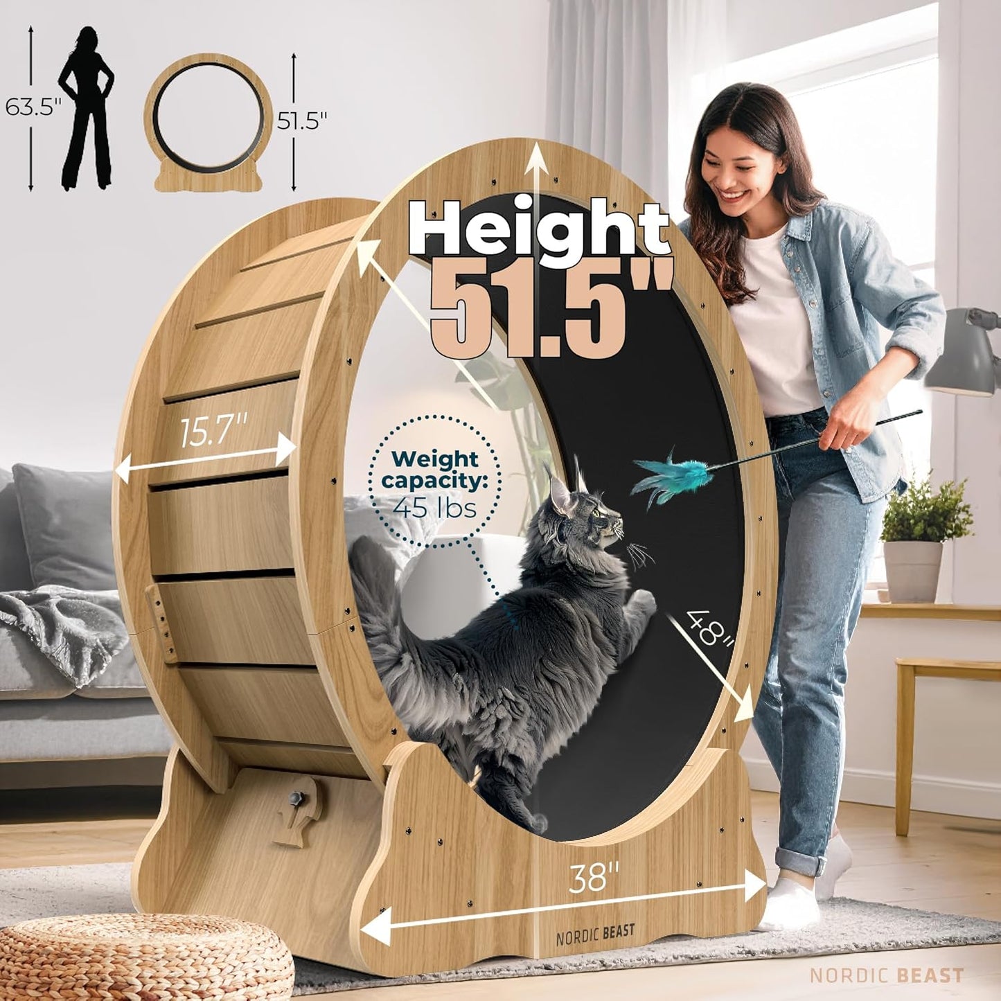 Walnut Wood 48'' XL Cat Wheel - Cat Wheels for Indoor Cats Which Doesn't Negatively Affect Your Cat's Spine - 15.7'' Extra Wide Walnut Exercise Wheel - Fits 2 Cats Side-by-Side, 1-Year Warranty | Product image 2
