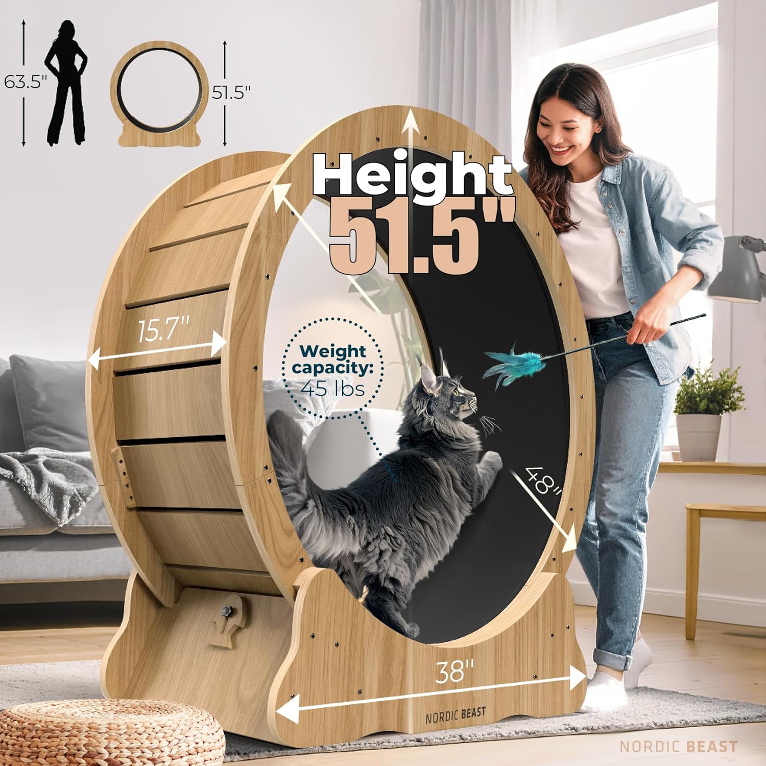 Walnut Wood 48'' XL Cat Wheel - Cat Wheels for Indoor Cats Which Doesn't Negatively Affect Your Cat's Spine - 15.7'' Extra Wide Walnut Exercise Wheel - Fits 2 Cats Side-by-Side, 1-Year Warranty | Product image 2