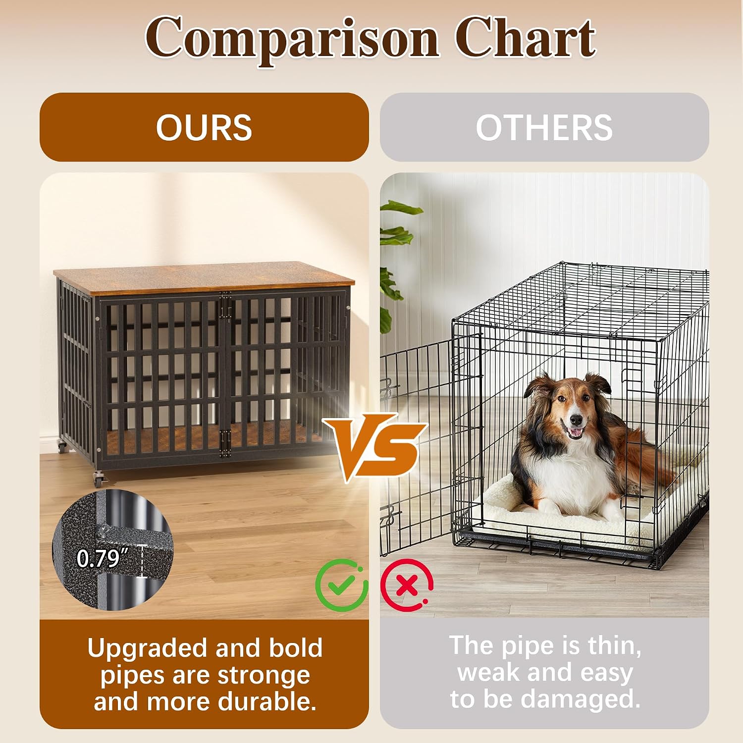 48 Inch Dog Crate Furniture, Heavy Duty Wooden Dog Kennel for Large Dogs, Chew Proof & Escape-Proof Indoor Dog Cage with TV Stand, for Anxious Dogs, Black Brown Cabinet | Product image 5