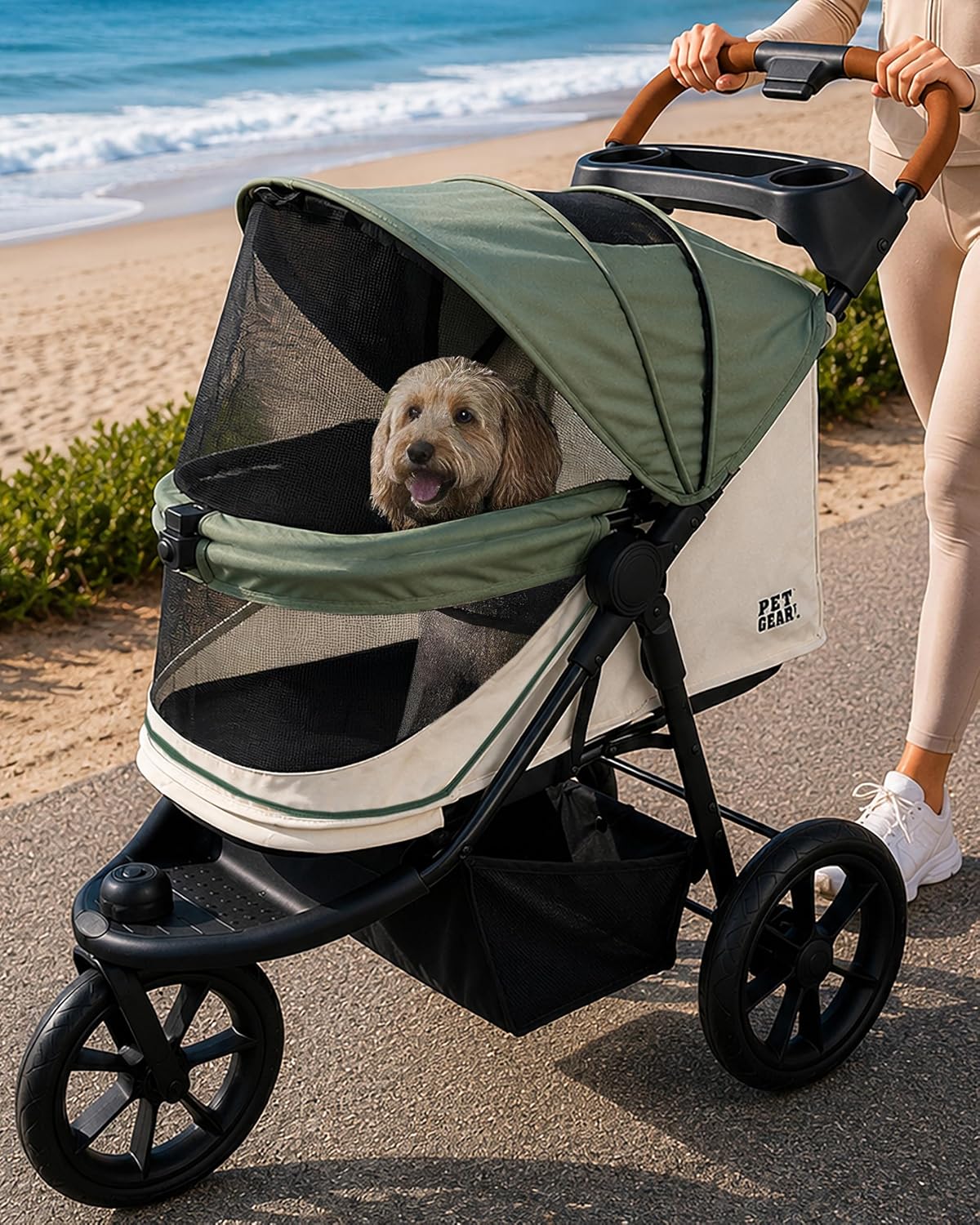 Pet Gear No-Zip AT3 Pet Stroller for Cats/Dogs, Sea Salt | Zipperless Entry, Easy One-Hand Fold, Jogging Tires, Removable Liner, Cup Holder + Storage Basket | Product image 7