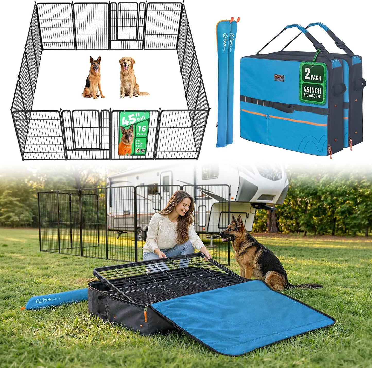 Rollick Dog Playpen, Indoor, Yard & RV Camping, 24" H, 8 Panels | Easy setup, Heavy-duty, DIY layouts, Walk-through gate, for Puppies & Small Dogs, Patented