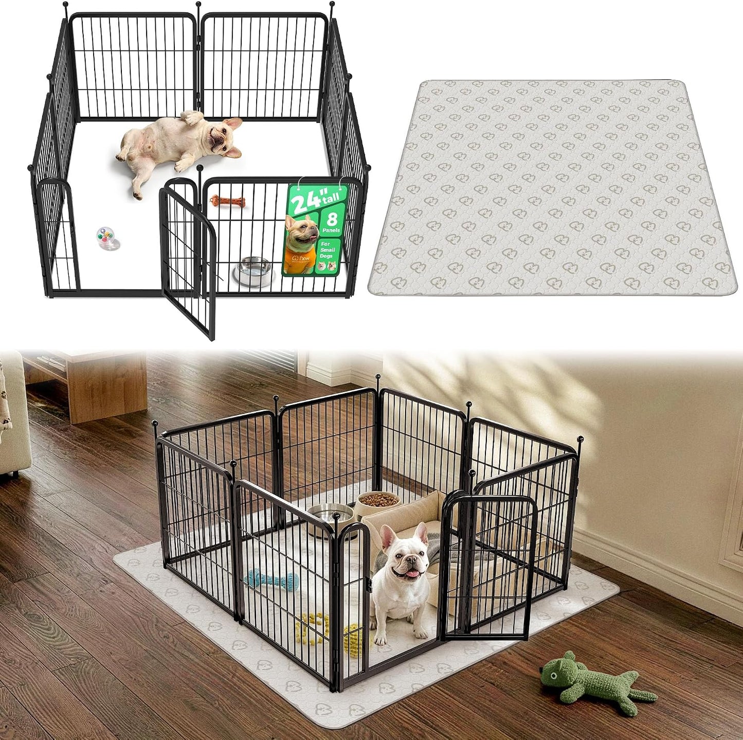 Rollick Dog Playpen, Indoor, Yard & RV Camping, 24" H, 8 Panels | Easy setup, Heavy-duty, DIY layouts, Walk-through gate, for Puppies & Small Dogs, Patented