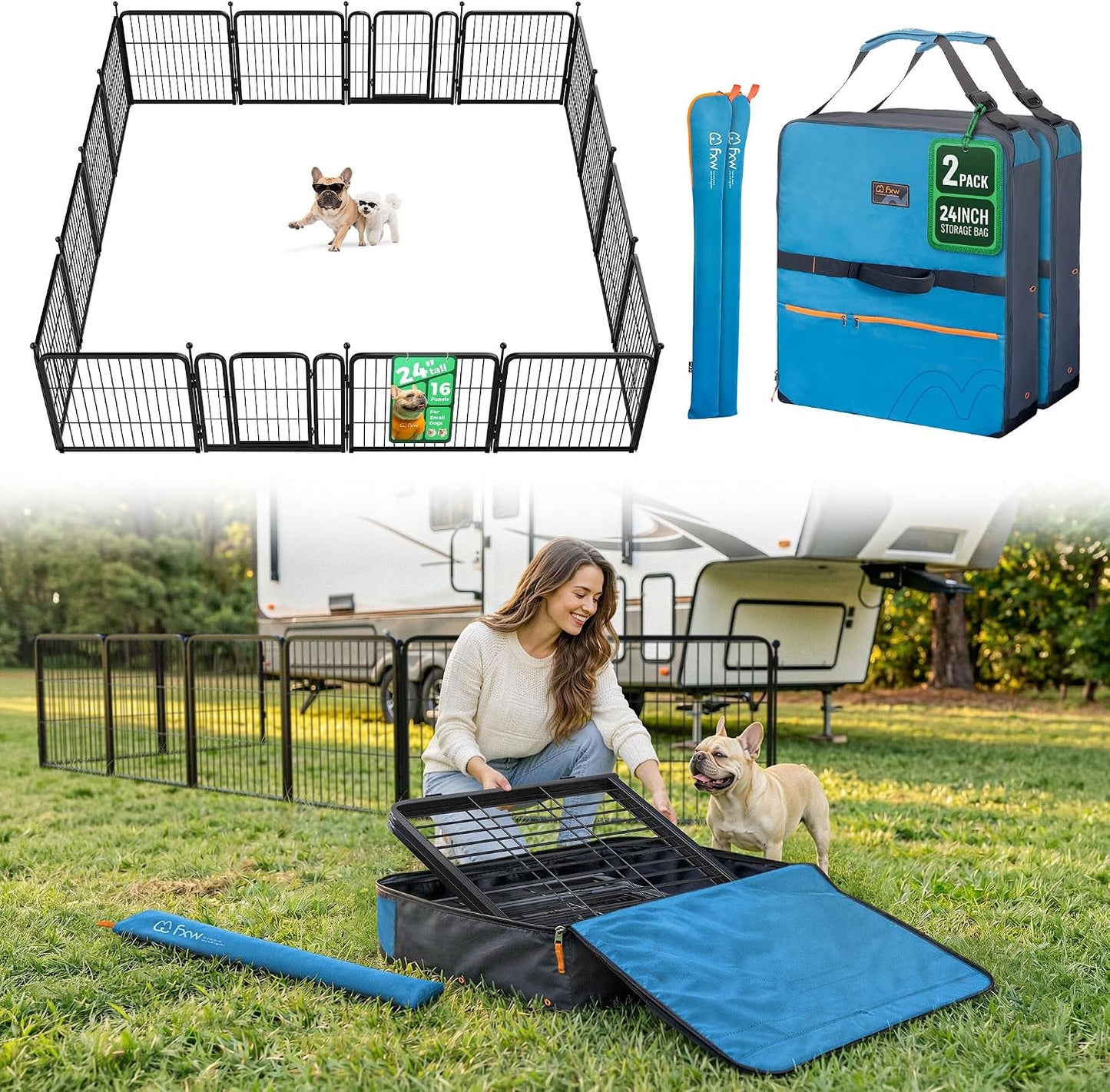 Rollick Dog Playpen, Indoor, Yard & RV Camping, 24" H, 8 Panels | Easy setup, Heavy-duty, DIY layouts, Walk-through gate, for Puppies & Small Dogs, Patented