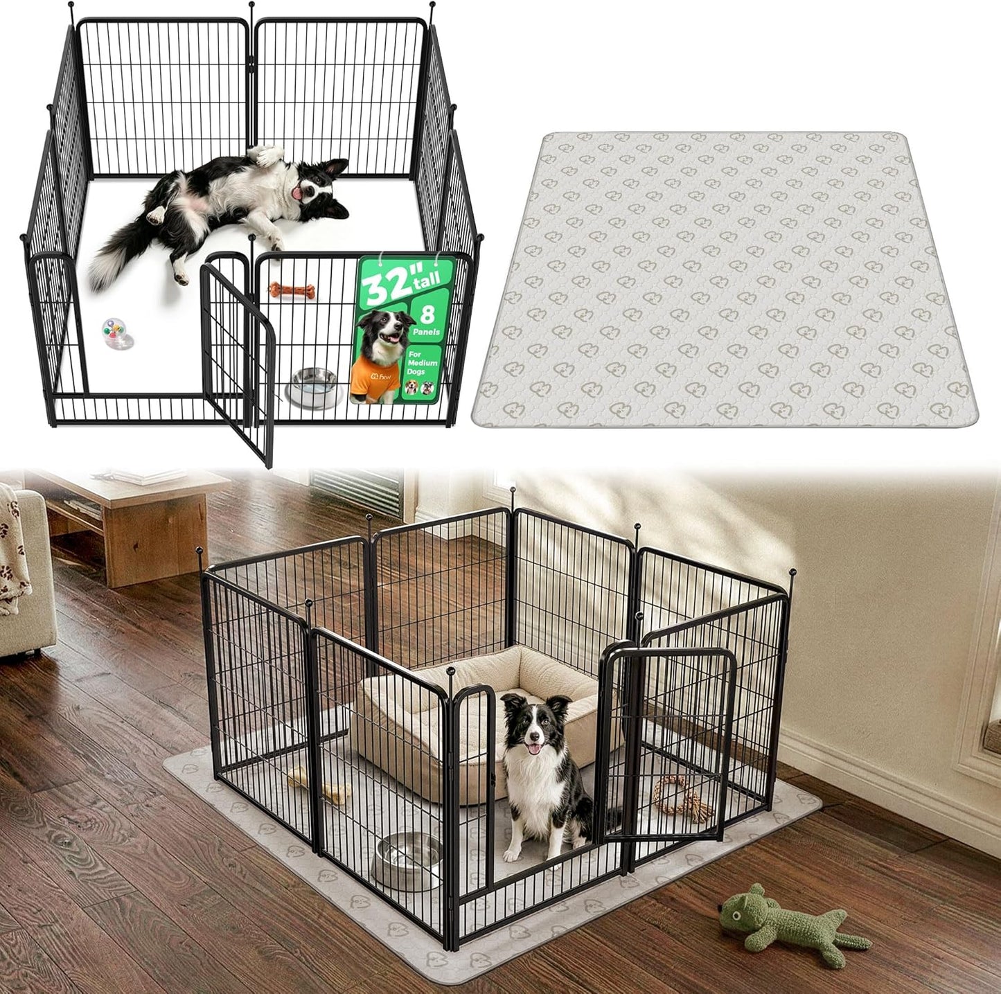 Rollick Dog Playpen, Indoor, Yard & RV Camping, 24" H, 8 Panels | Easy setup, Heavy-duty, DIY layouts, Walk-through gate, for Puppies & Small Dogs, Patented